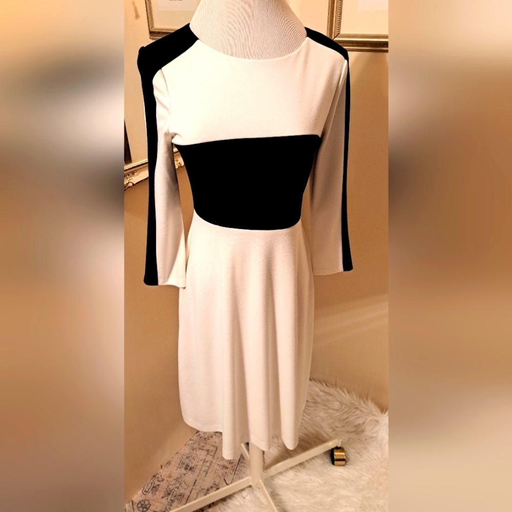 Eliza J Black and White Color Block  Fitted Midi Dress. Size Small. - Picture 4 of 10